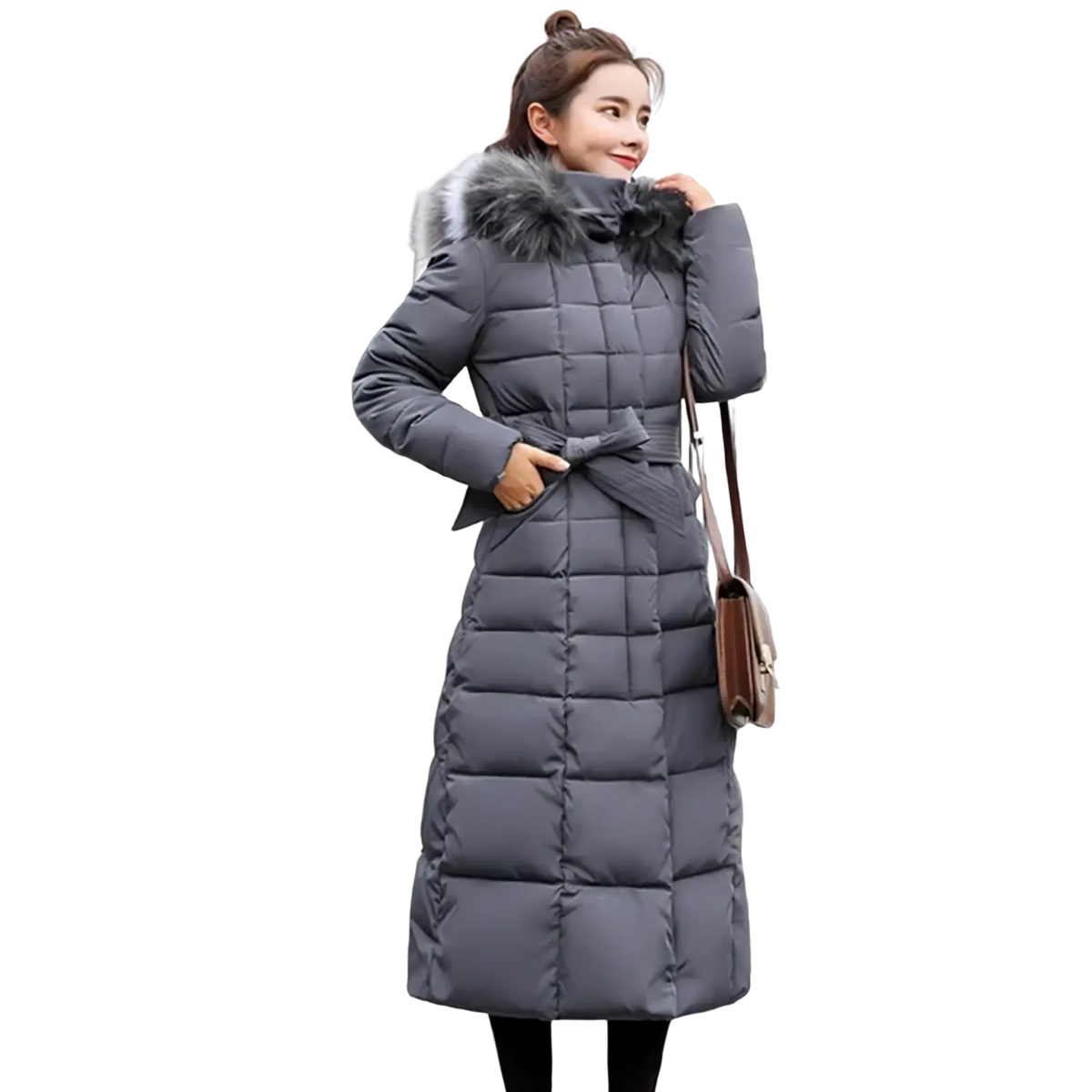 Women fur hooded quilted parka winter coat in gray with fur-lined hood and belt for cold weather use