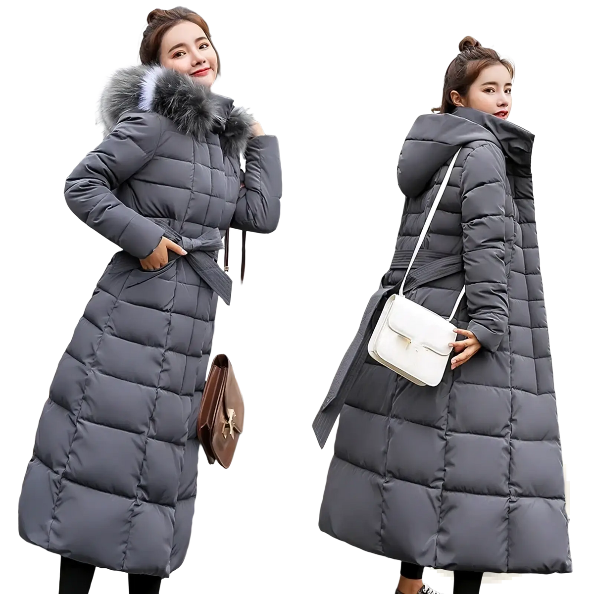 Gray quilted women fur hooded parka winter coat with belt detail designed for cold weather wear
