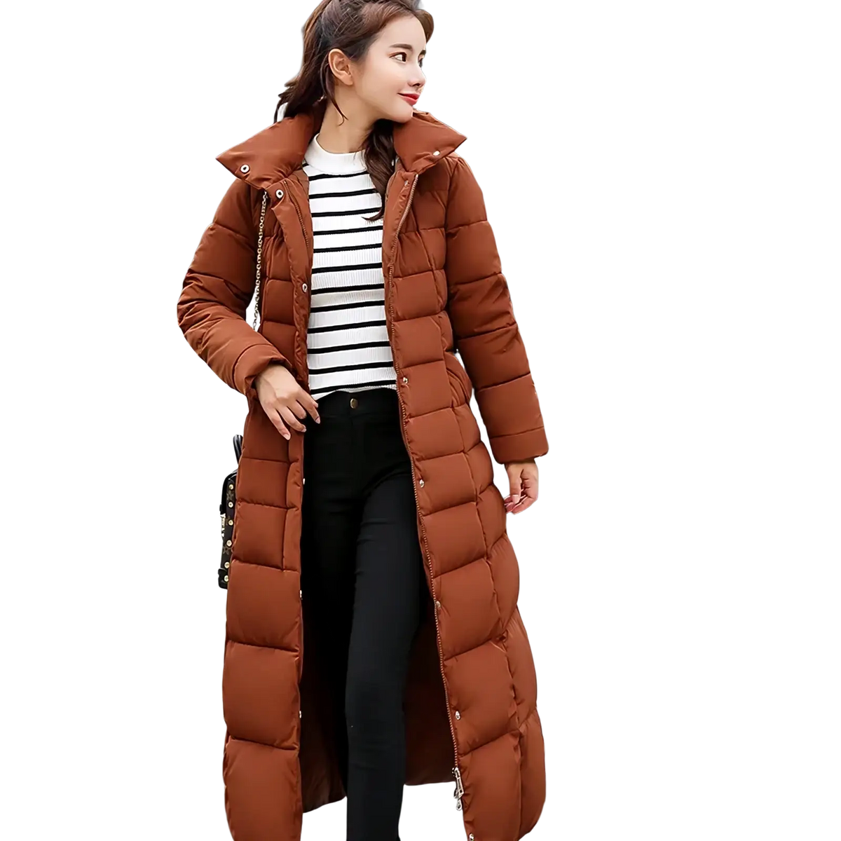 Women fur hooded quilted parka winter coat long brown quilted puffer with high collar and front zipper