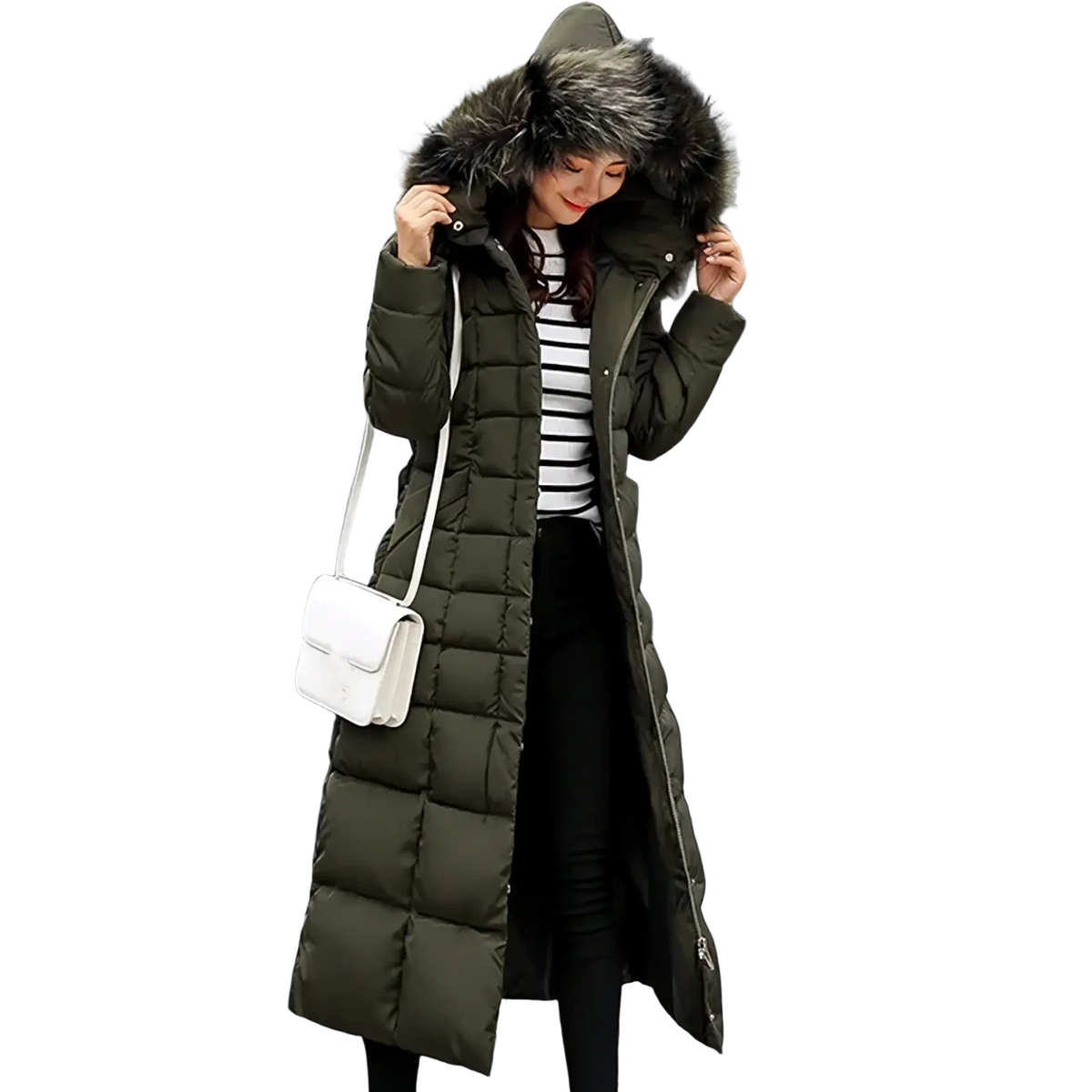 Olive green quilted puffer coat with a fur-lined hood designed as a women fur hooded quilted parka winter coat