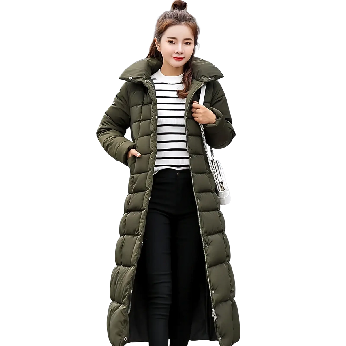 Olive green quilted down women fur hooded parka winter coat with high collar and front zipper for cold weather