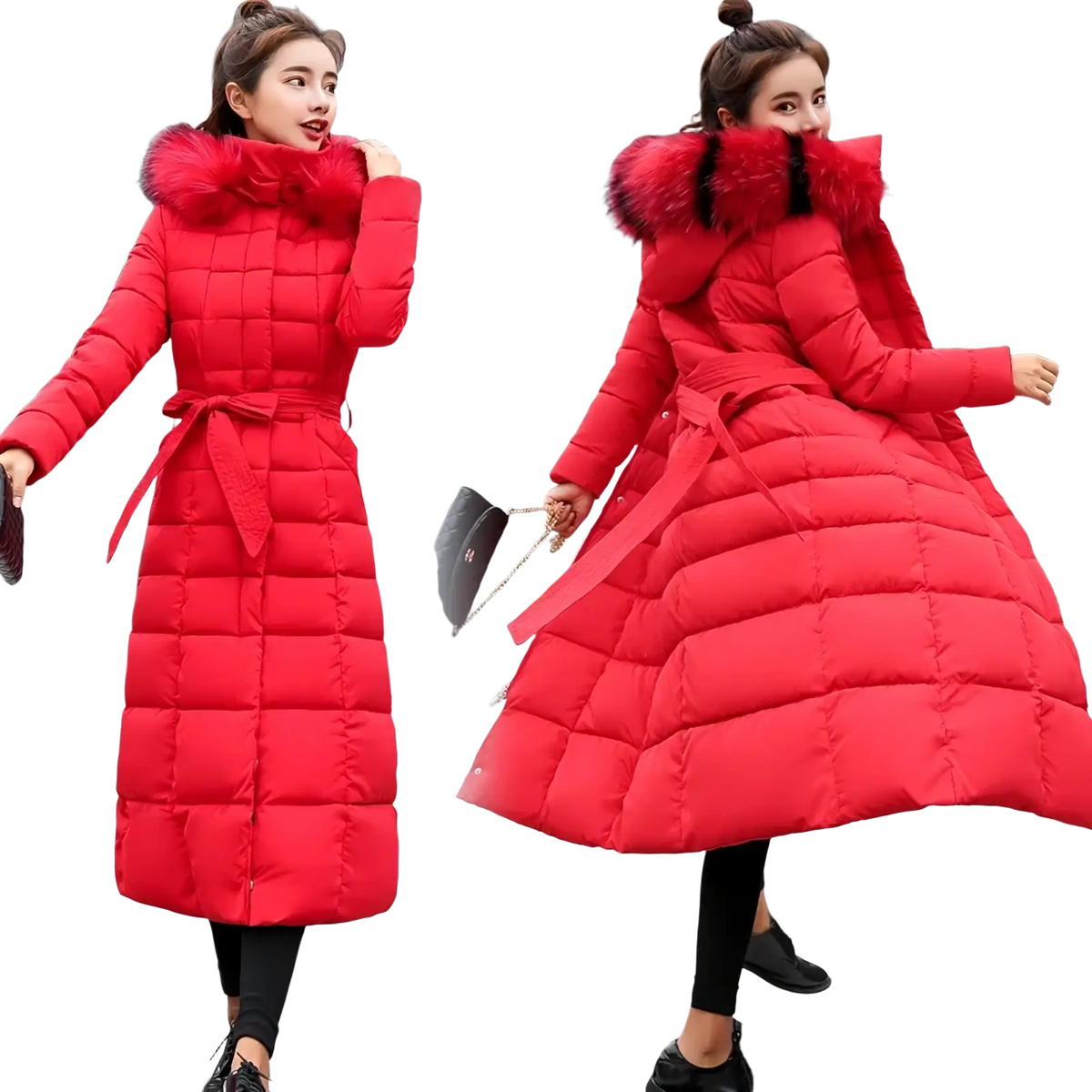 Women fur hooded quilted parka winter coat in vibrant red with plush fur-lined hood and matching belt