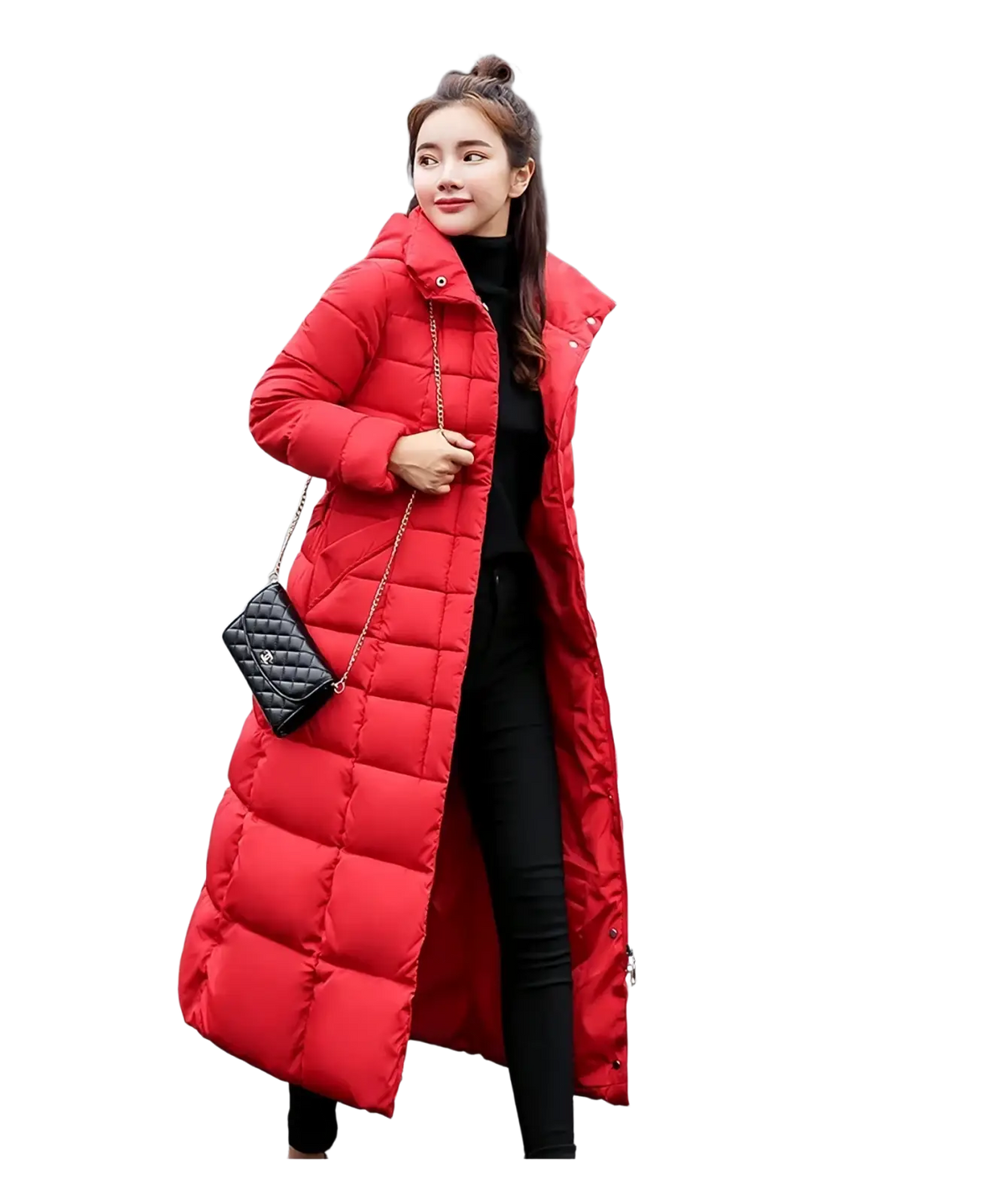 Women fur hooded quilted parka winter coat in vibrant red with quilted puffer design and high collar front zipper