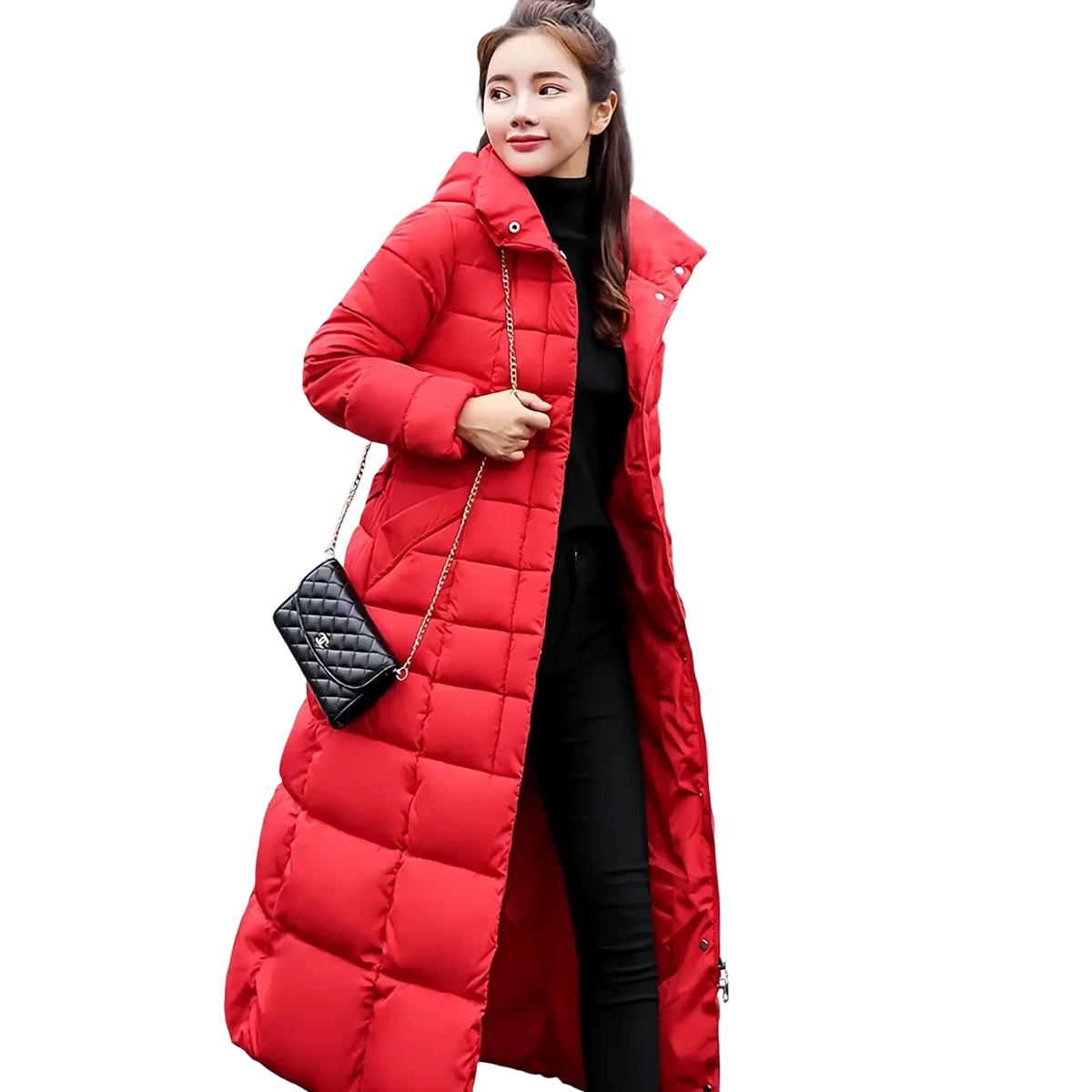 A vibrant red quilted puffer coat with high collar and front zipper for women fur hooded parka winter coat