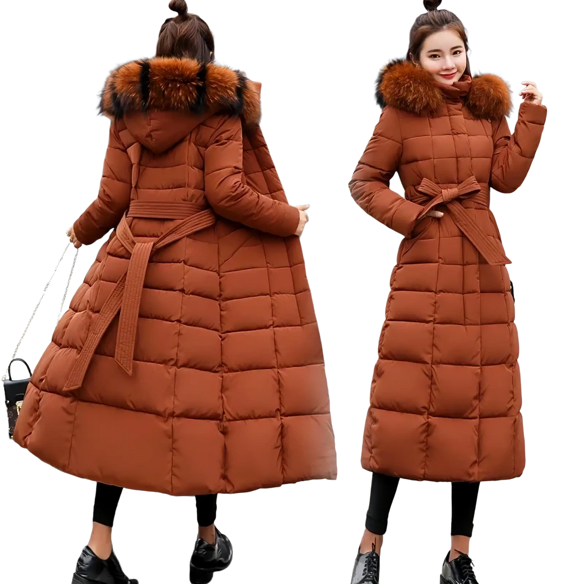 Women fur hooded quilted parka winter coat in warm brown with plush fur-lined hood and matching belt