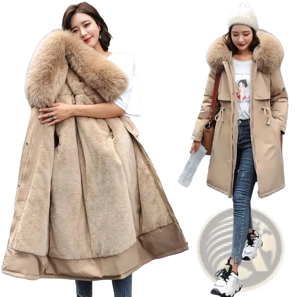 Beige women fur hooded winter parka long padded coat with plush faux fur lining and detachable hood for cold weather