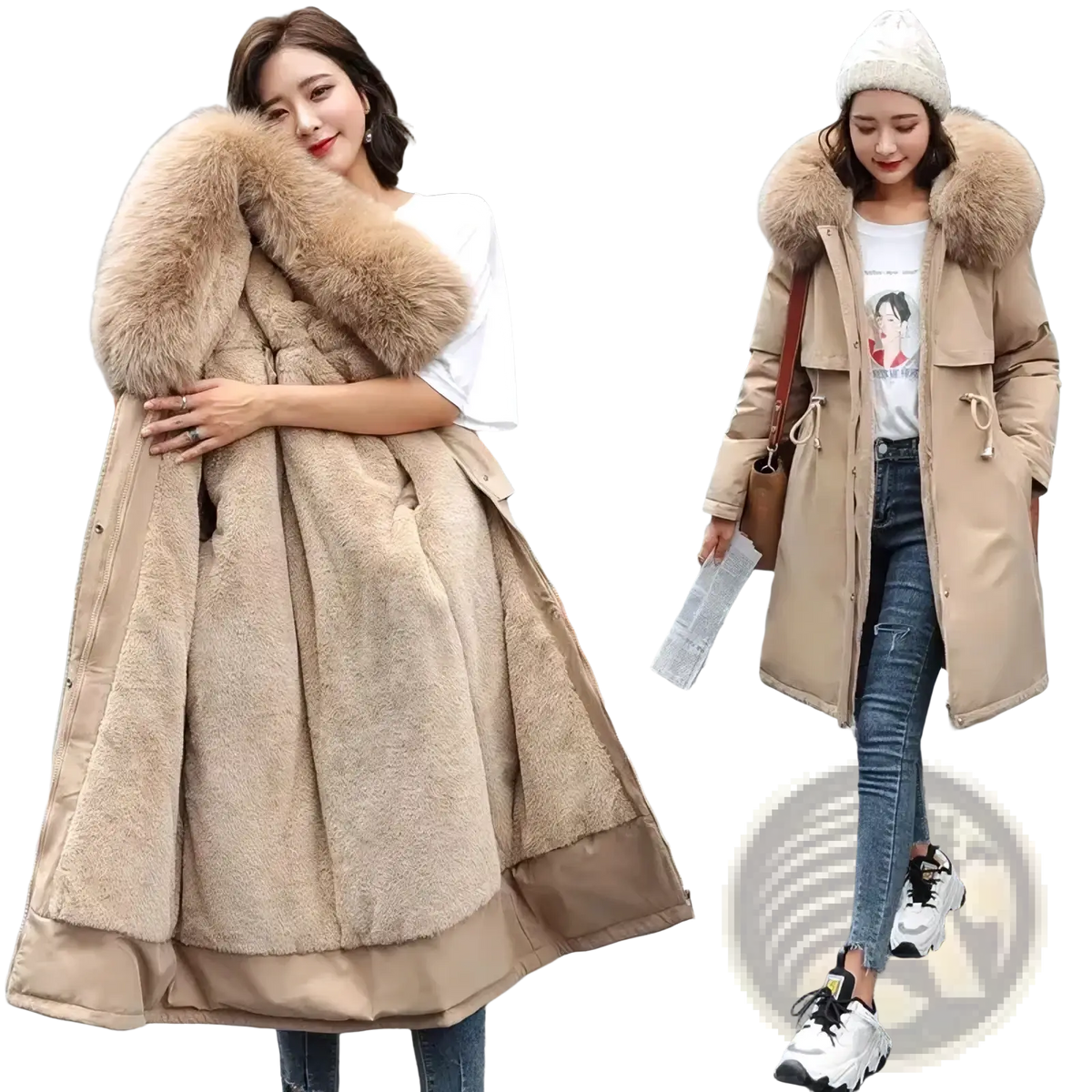 Beige women fur hooded winter parka long padded coat with plush faux fur lining and detachable hood for cold weather