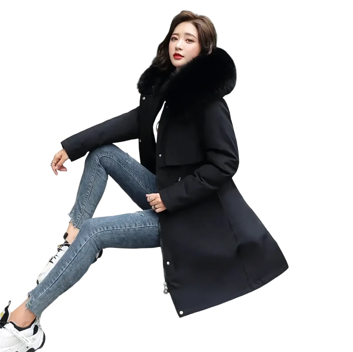Black women fur hooded winter parka long padded coat with plush fur-lined hood for cold weather wear