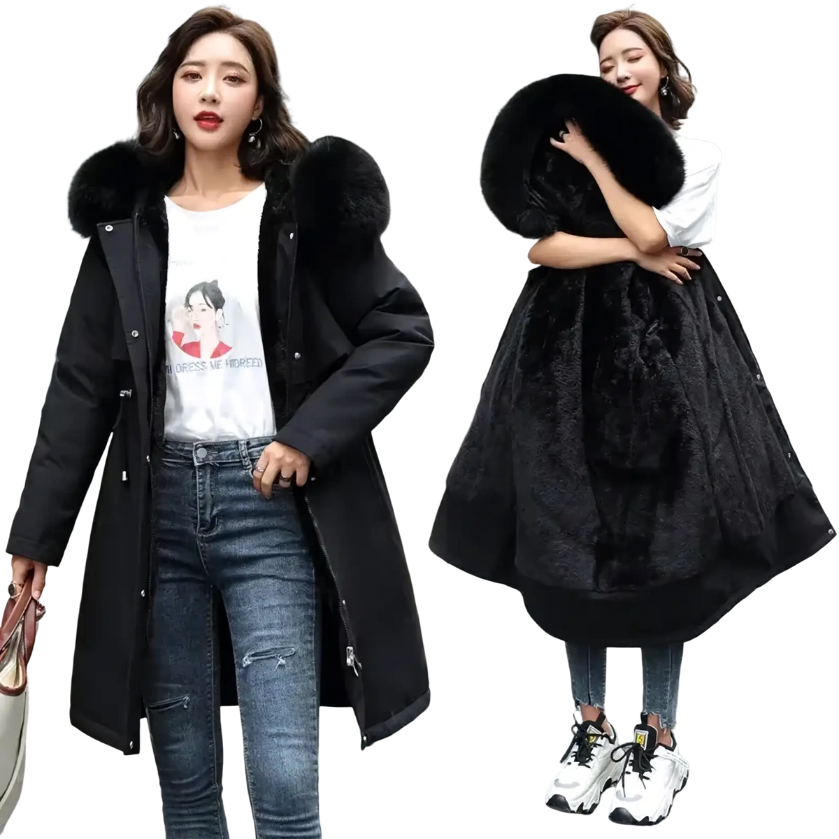 Women fur hooded winter parka long padded coat in black with plush fur-lined hood and sleek outer fabric
