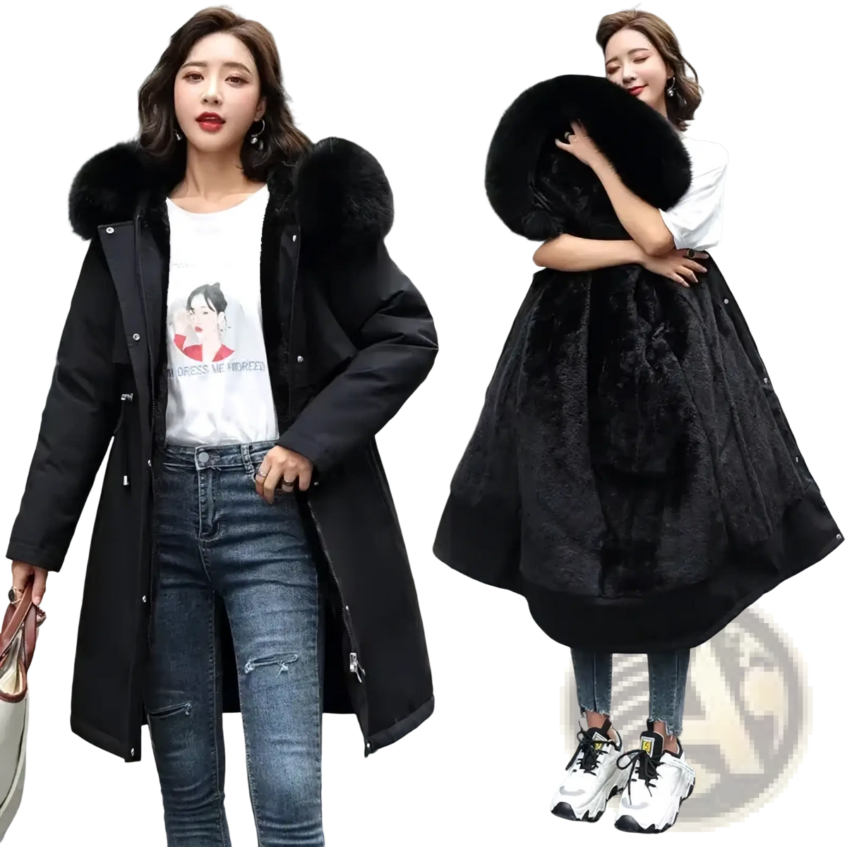 Women fur hooded winter parka long padded coat in black with plush fur-lined hood and sleek outer fabric