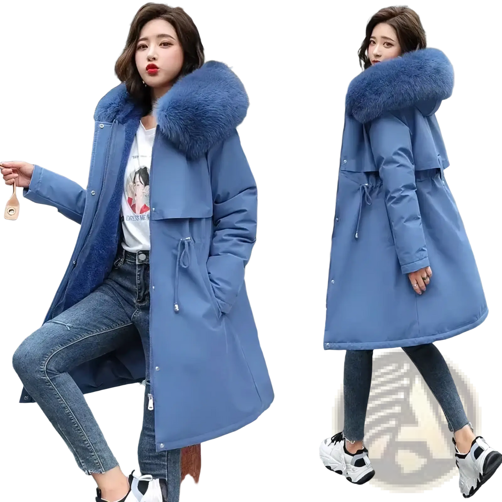 Women fur hooded winter parka long padded coat in blue with plush fur-lined hood and drawstring waist