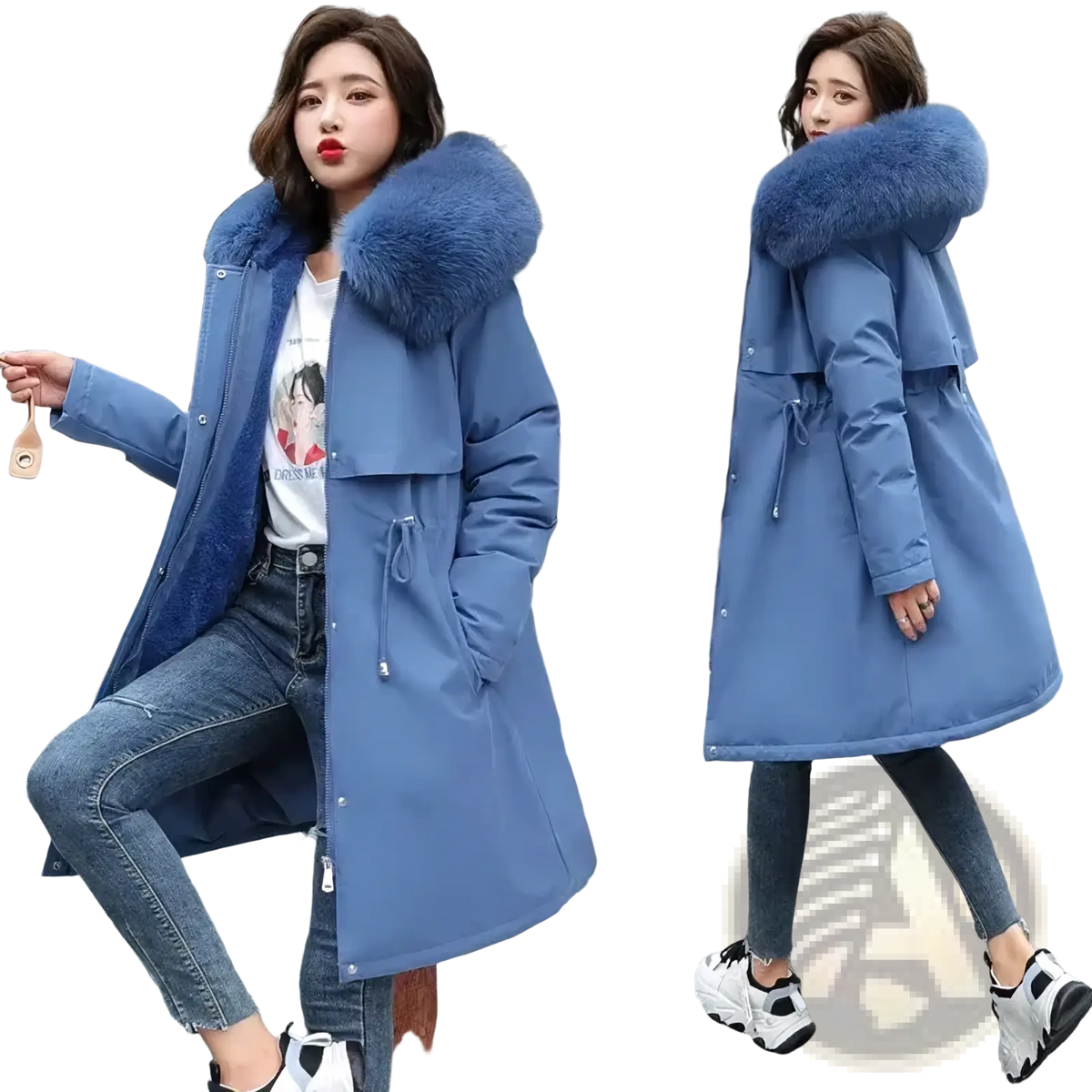 Women fur hooded winter parka long padded coat in blue with plush fur-lined hood and drawstring waist
