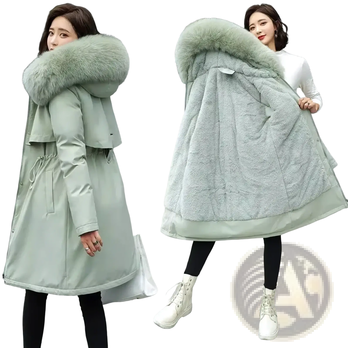 Women fur hooded winter parka long padded coat in light green with plush faux fur hood and quilted lining