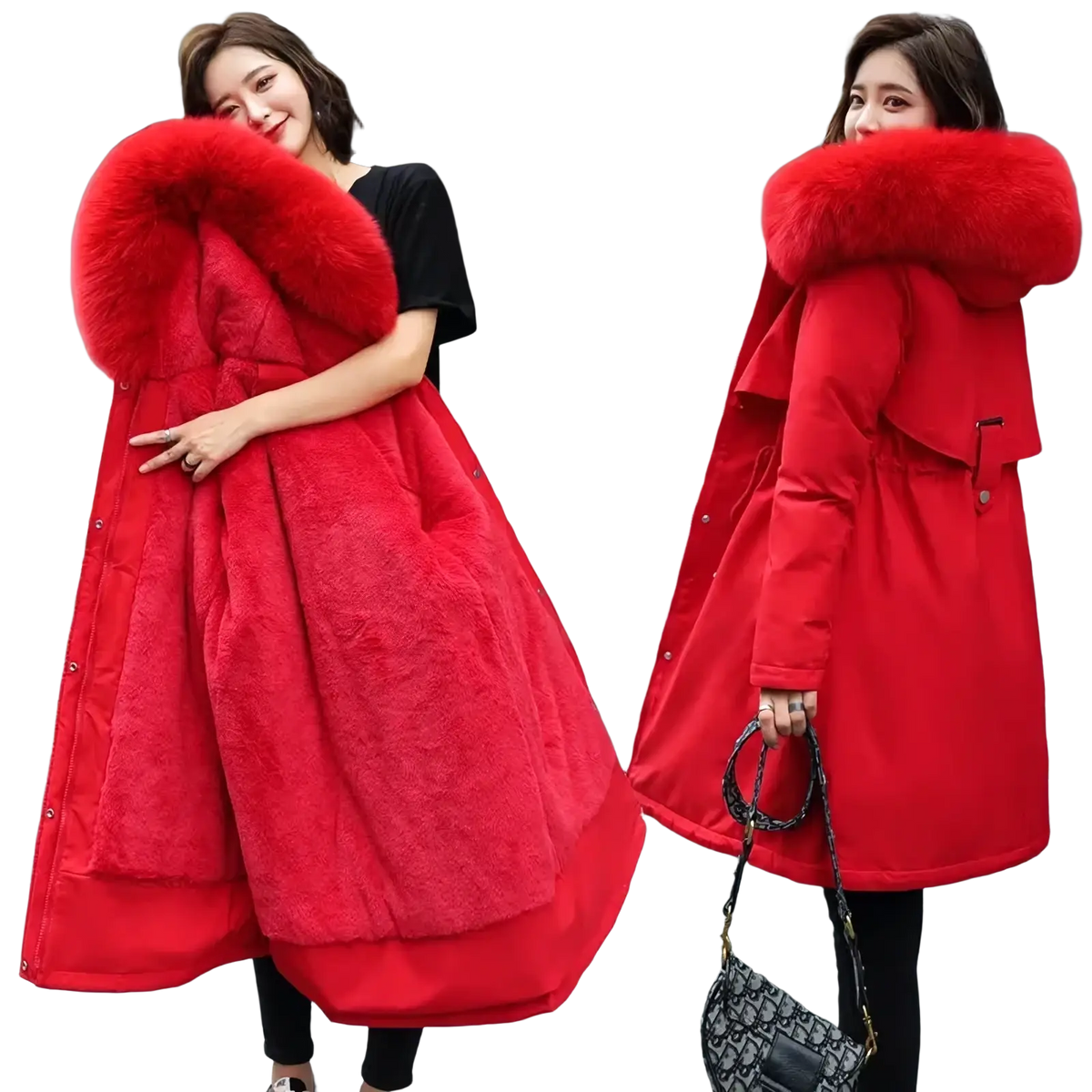 Vibrant red women fur hooded winter parka with plush fur-lined hood and quilted long padded coat front view