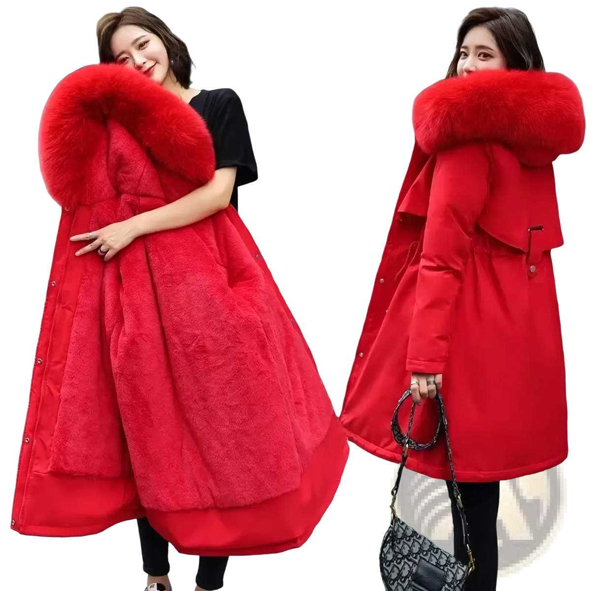 Vibrant red women fur hooded winter parka long padded coat with plush fur-lined hood and quilted design