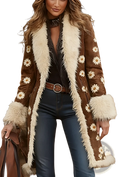 Women fur trim woolen overcoat in brown suede with cream fur trim and embroidered white daisy patterns