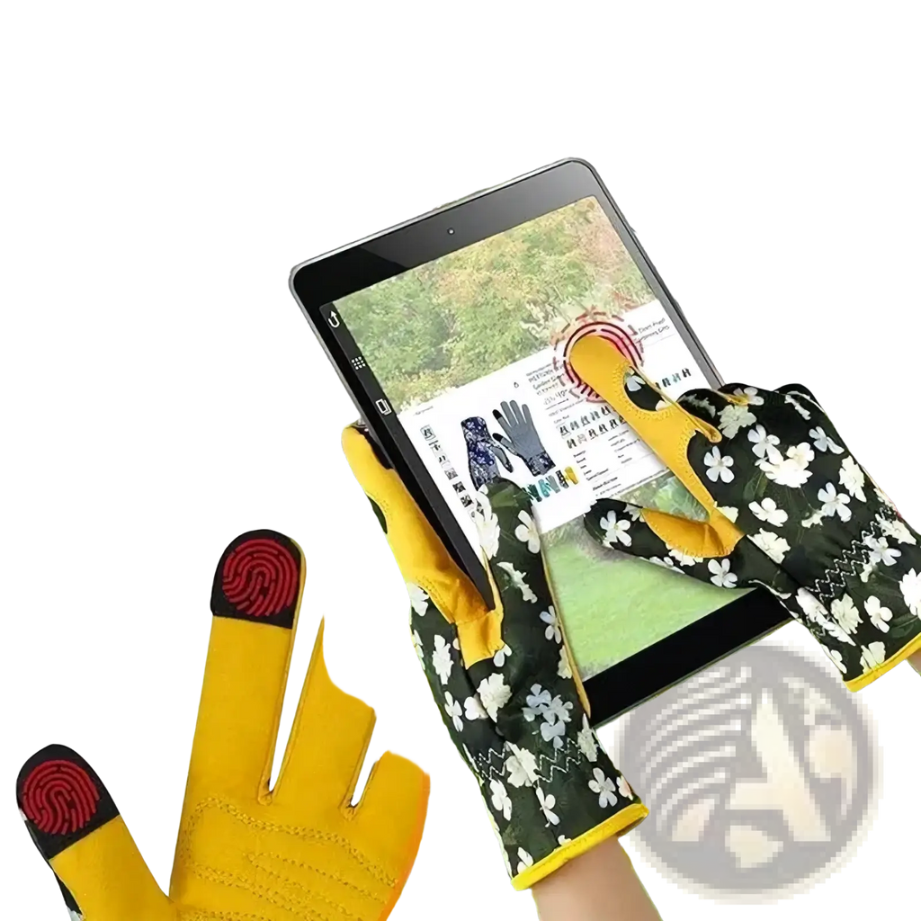 Black and yellow floral-patterned breathable thorn proof leather women gardening gloves with red touchscreen fingertips