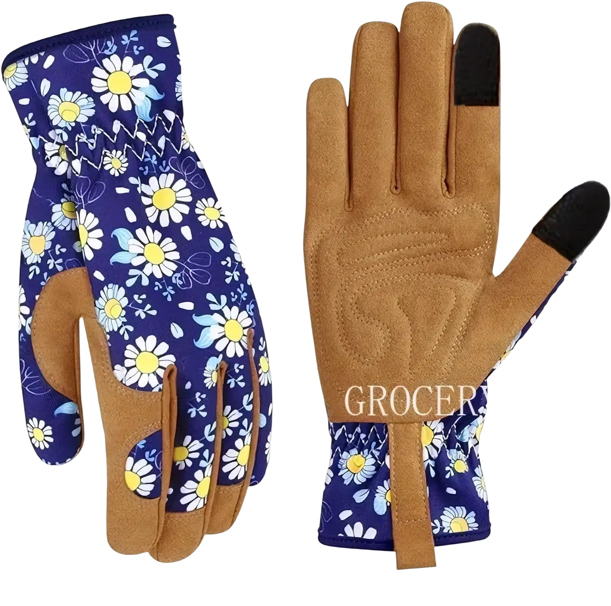 Women gardening gloves breathable thorn proof leather with blue floral fabric and tan leather touchscreen palms