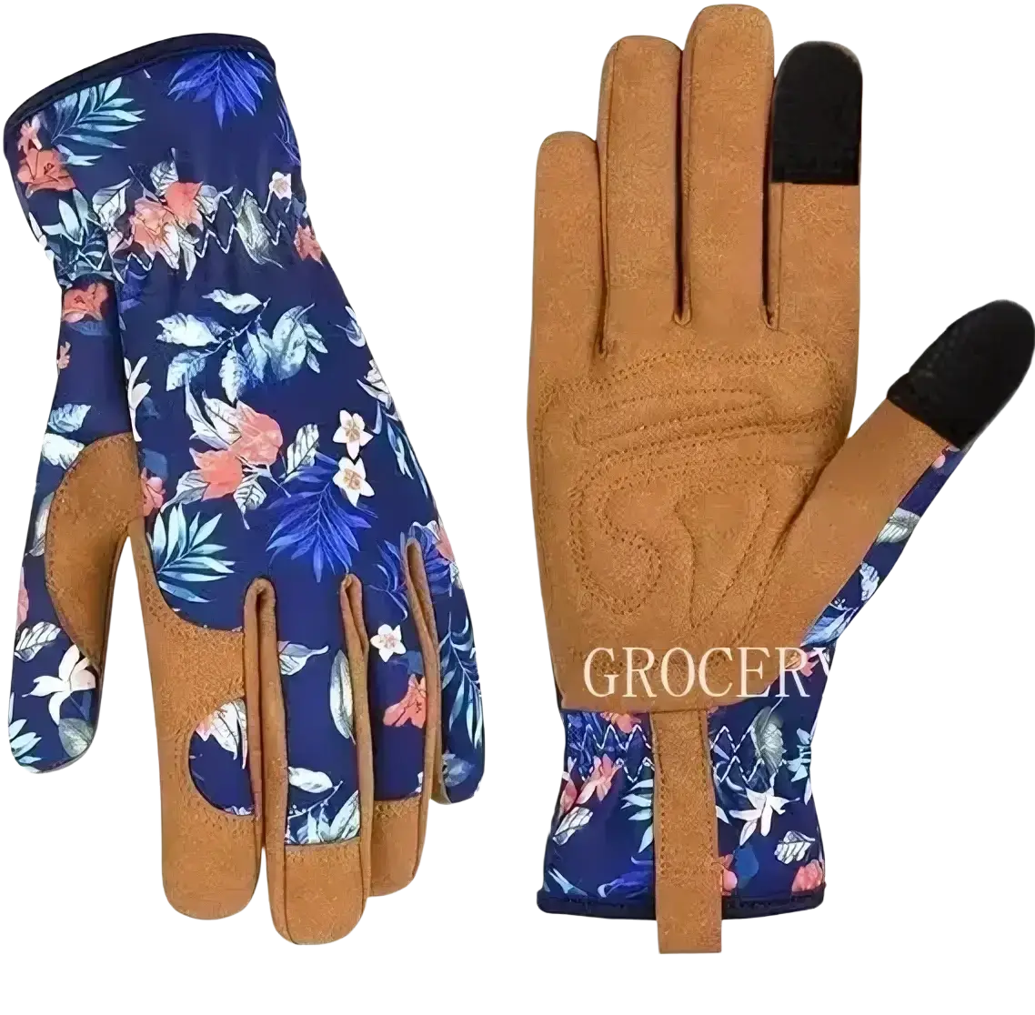 Blue floral-patterned women gardening gloves with breathable thorn proof leather and tan leather accents for gardening use