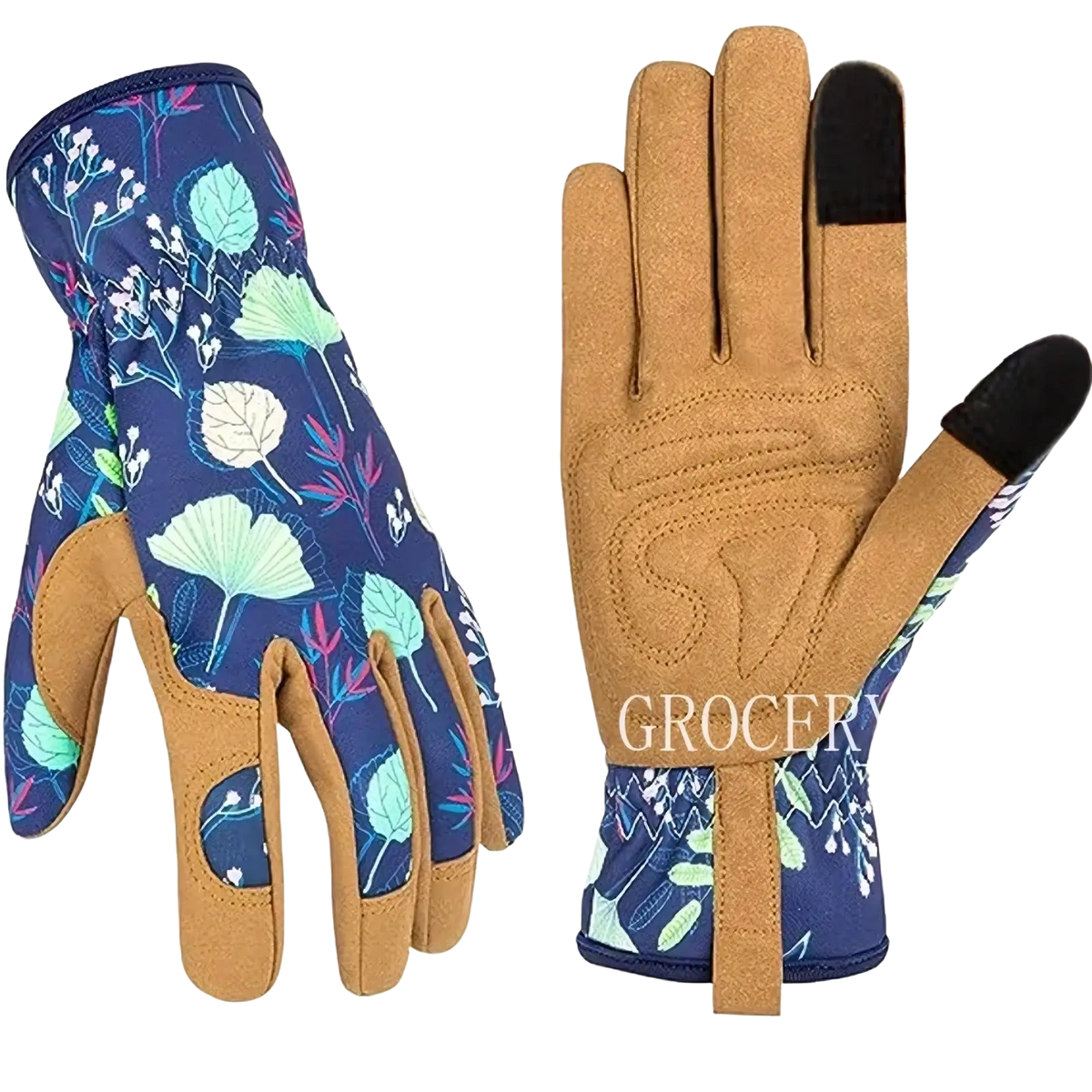 Blue floral-patterned women gardening gloves with breathable thorn proof leather and black touchscreen fingertips backside view