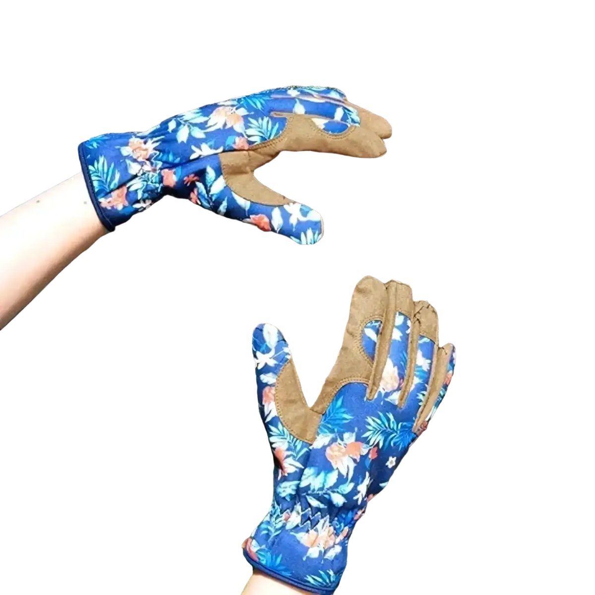 Blue floral-patterned women gardening gloves with breathable thorn proof tan leather palms and reinforced stitching