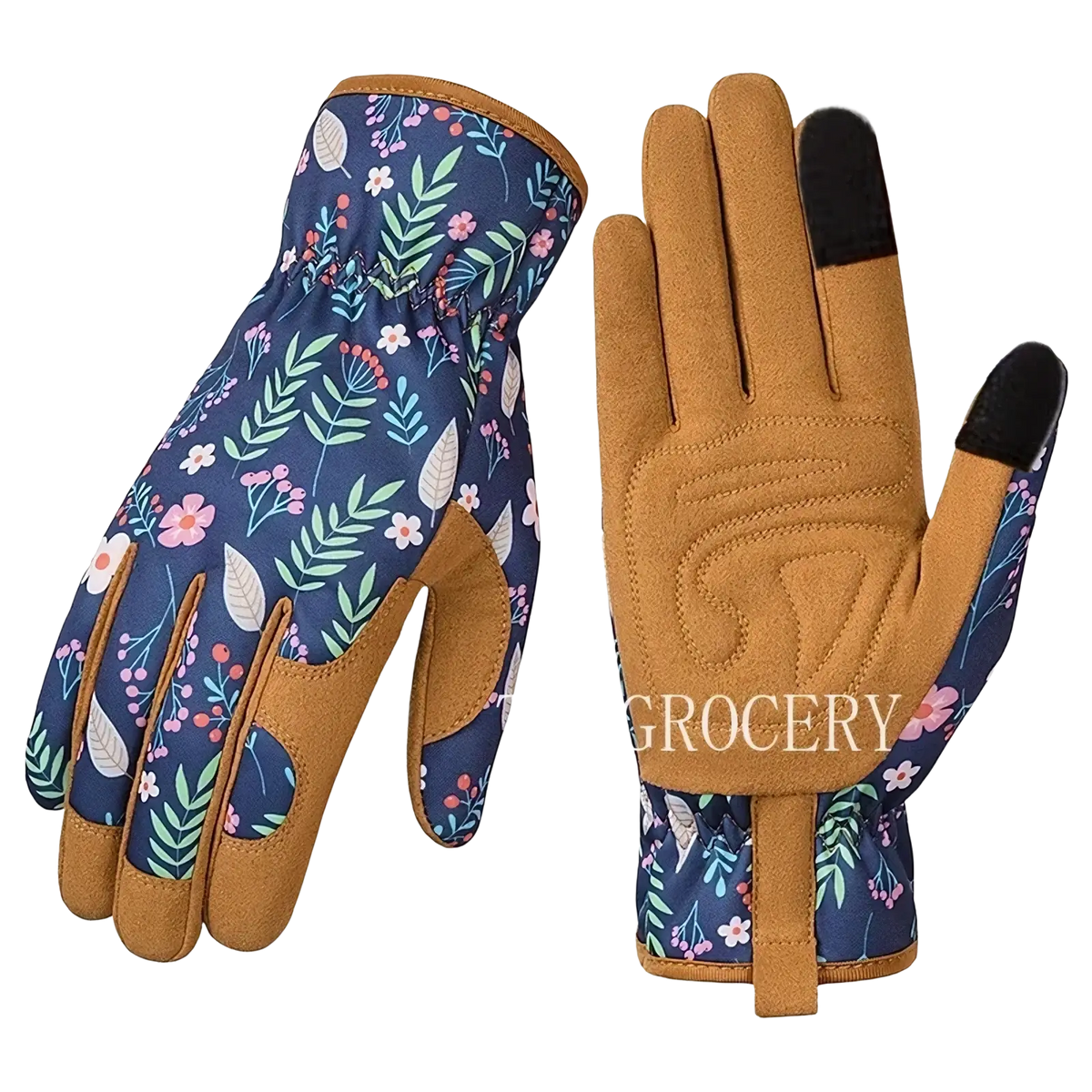 Blue floral-patterned women gardening gloves with breathable thorn proof leather and black touchscreen fingertips