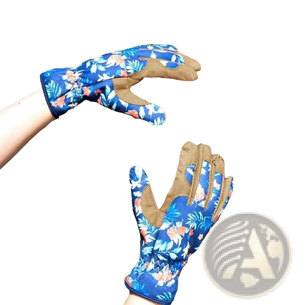 Blue floral women gardening gloves with breathable thorn proof leather and tan reinforced palm and fingers shown from back side