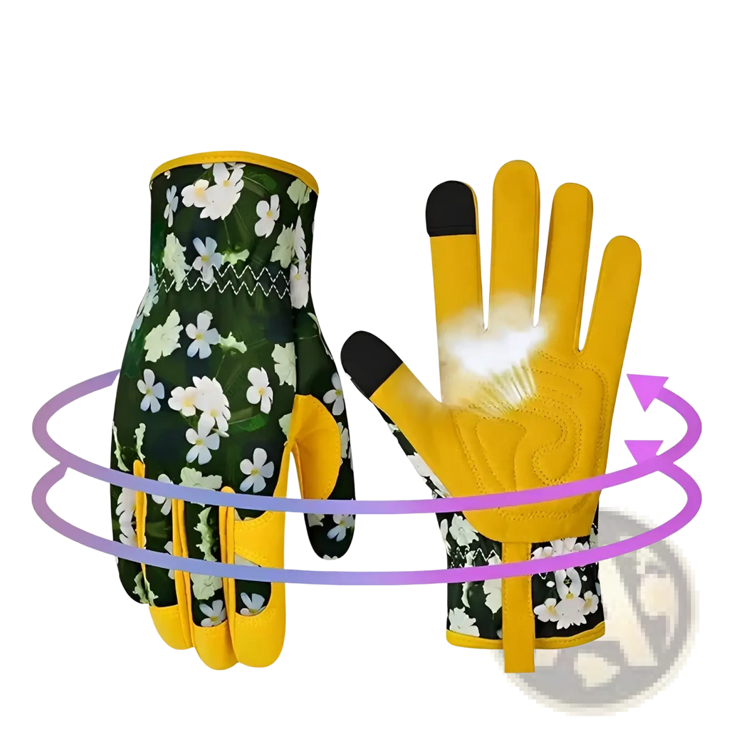 Green and yellow floral-patterned breathable thorn proof leather women gardening gloves with reinforced fingertips