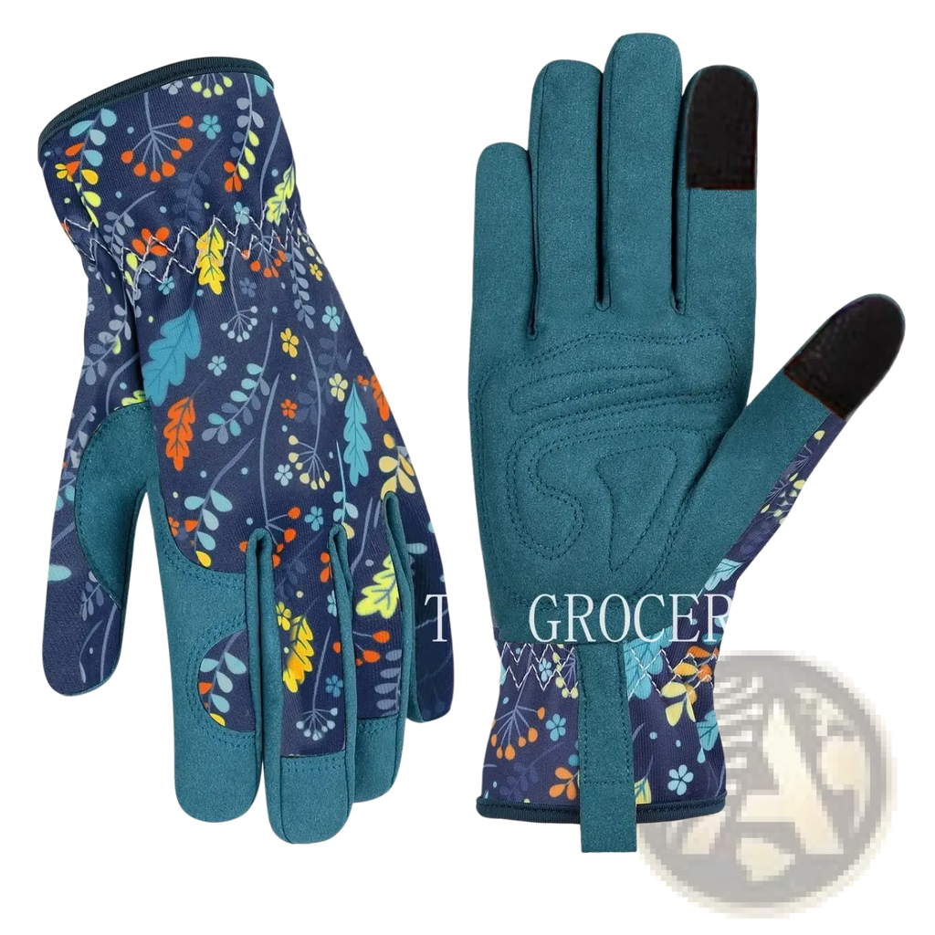 Teal women gardening gloves breathable thorn proof leather with vibrant floral pattern on back and black touch fingertips