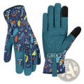 Teal women gardening gloves breathable thorn proof leather with vibrant floral pattern on back and black touch fingertips