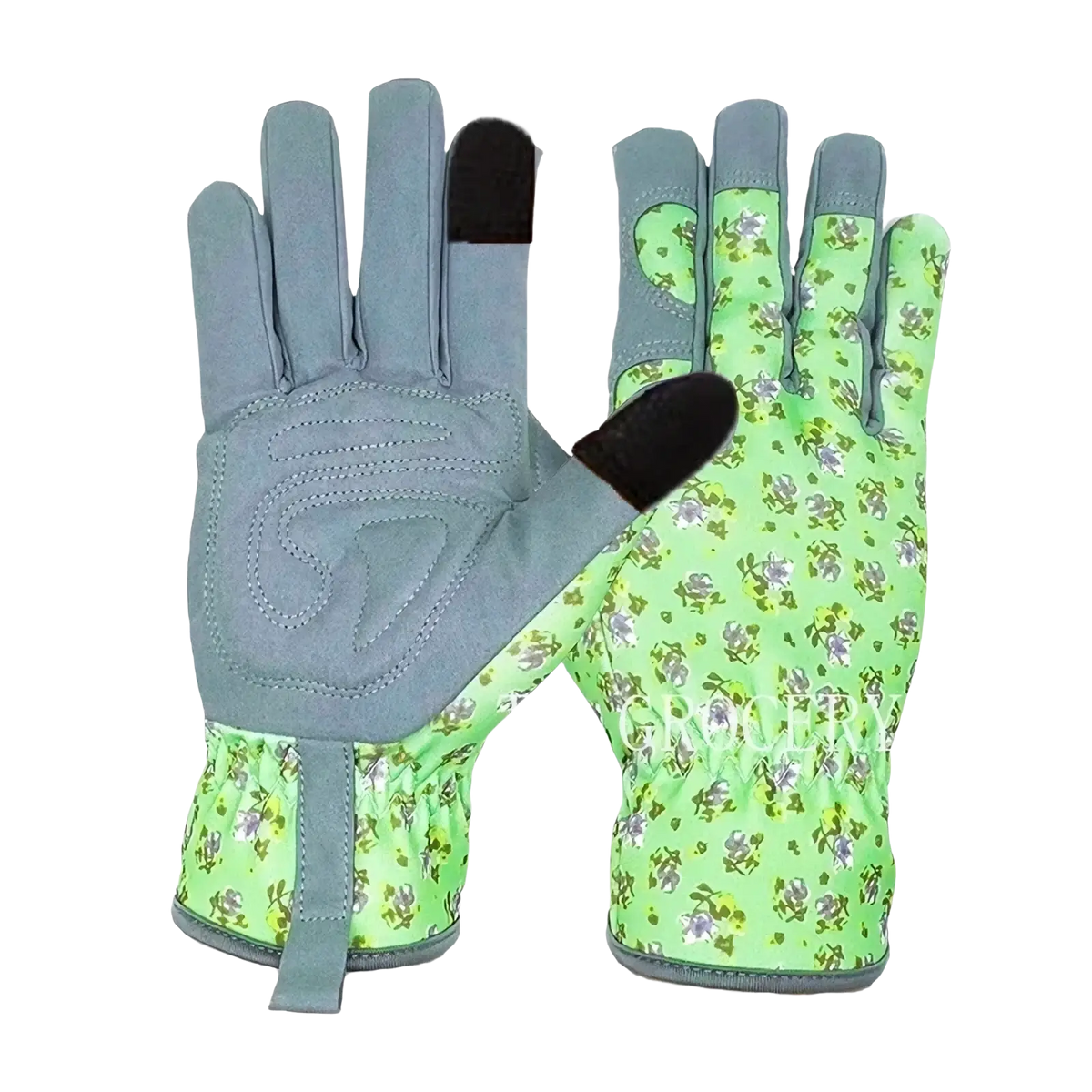 Light green breathable thorn proof leather women gardening gloves with floral pattern and gray reinforced palms shown from back