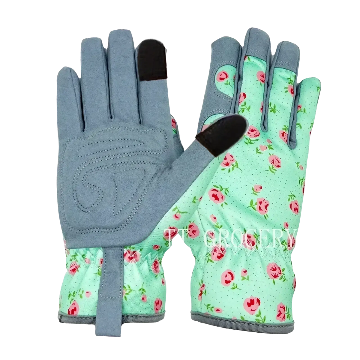 Women gardening gloves breathable thorn proof leather with mint green floral pattern and touchscreen black fingertips