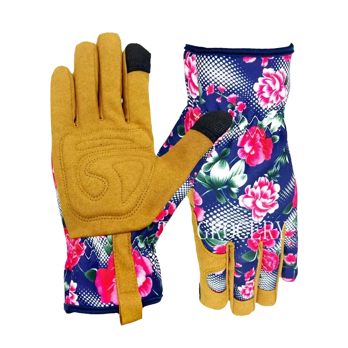 A pair of women gardening gloves with breathable thorn proof tan leather palms and floral navy blue fabric backs