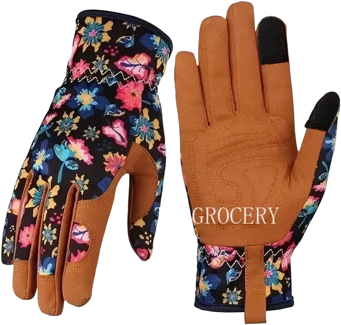 A pair of women gardening gloves with breathable thorn proof tan leather palms and vibrant floral fabric backs
