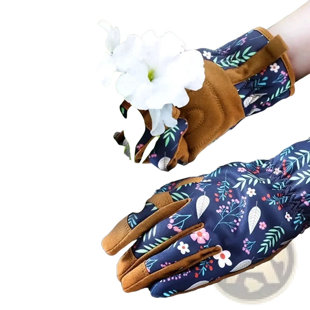 A pair of women gardening gloves breathable thorn proof leather with navy blue floral fabric and tan suede patches