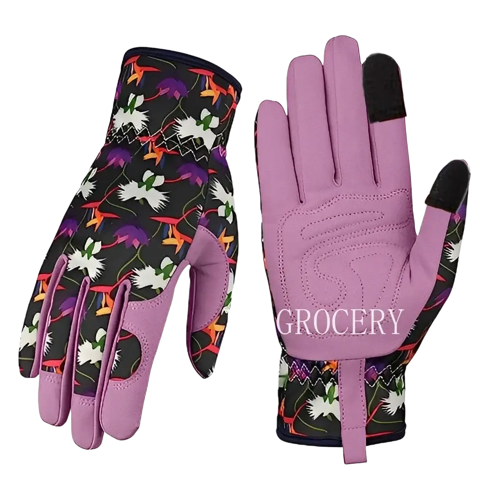 Women gardening gloves in purple floral leather with breathable thorn proof design and touchscreen compatible fingertips