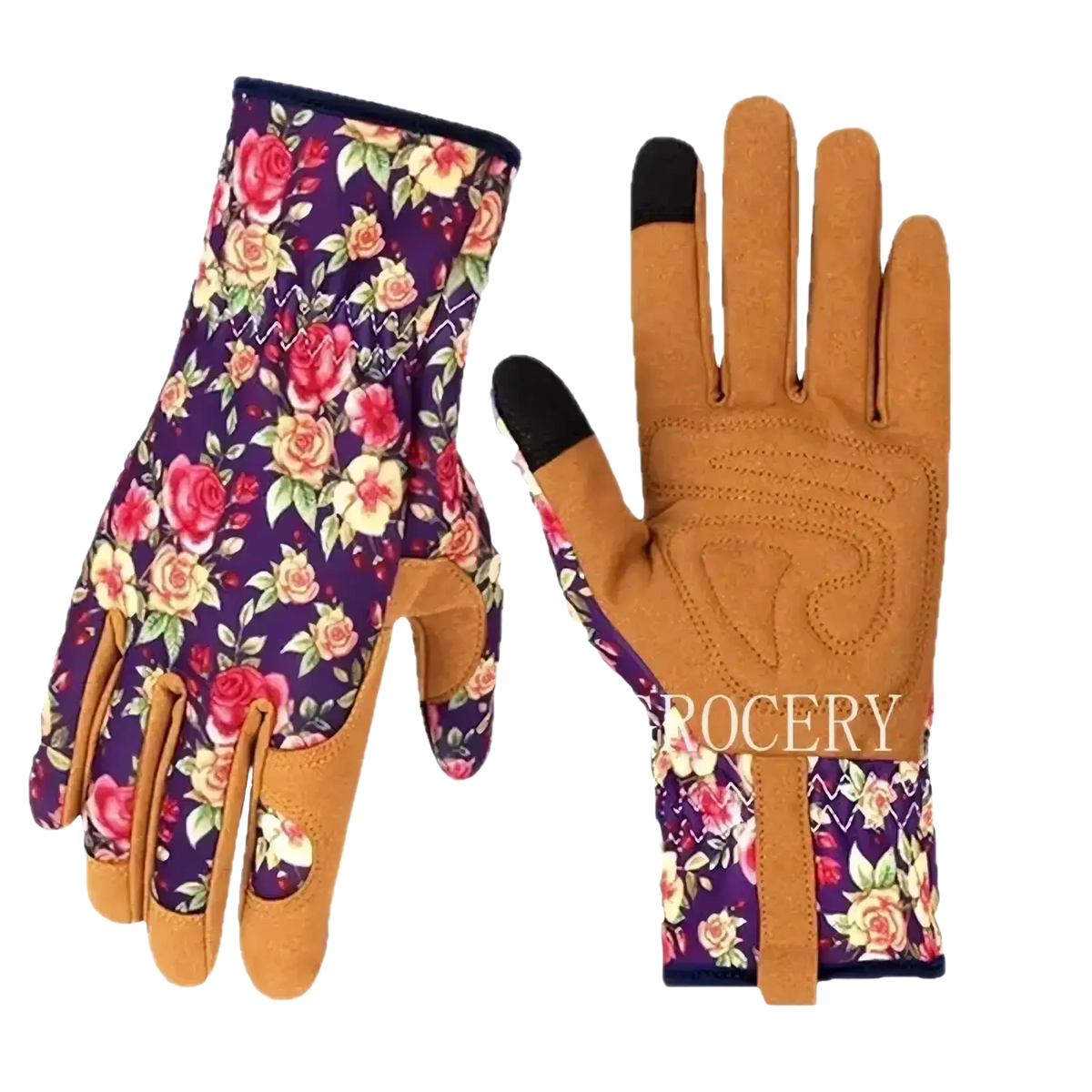 Women gardening gloves breathable thorn proof leather purple floral pattern with tan leather and touchscreen fingertips
