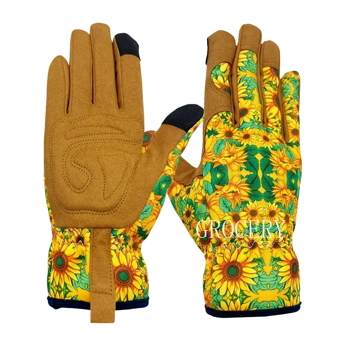 Women gardening gloves with sunflower pattern breathable thorn proof tan leather palms and black fingertips