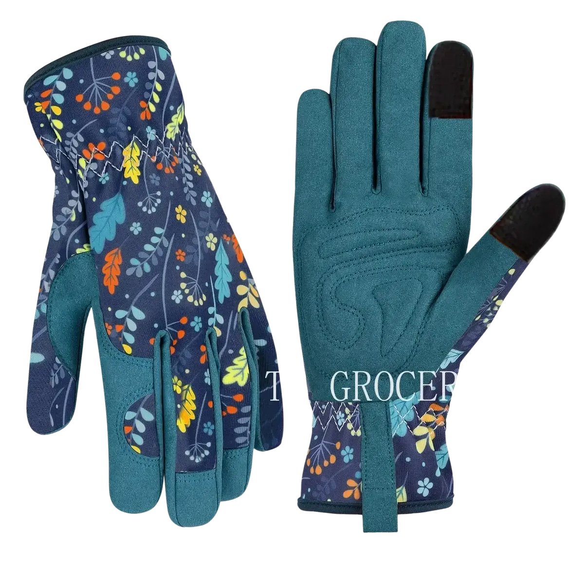Women gardening gloves breathable thorn proof leather with teal color and vibrant orange yellow blue floral pattern backhand