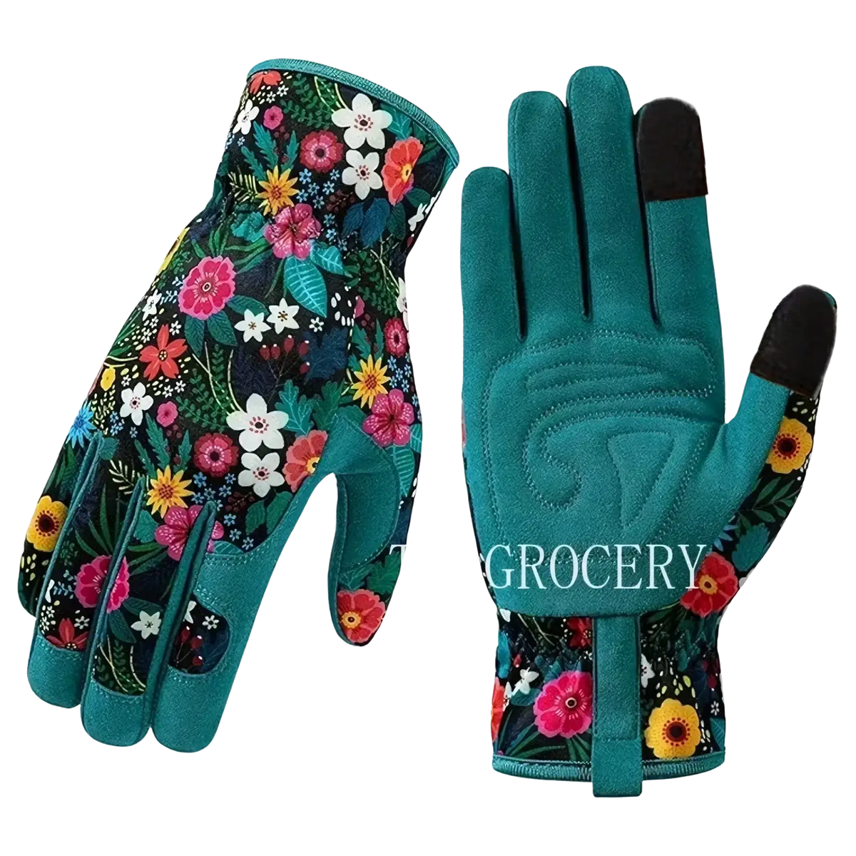 Women gardening gloves breathable thorn proof leather with teal floral pattern and black fingertips for gardening use