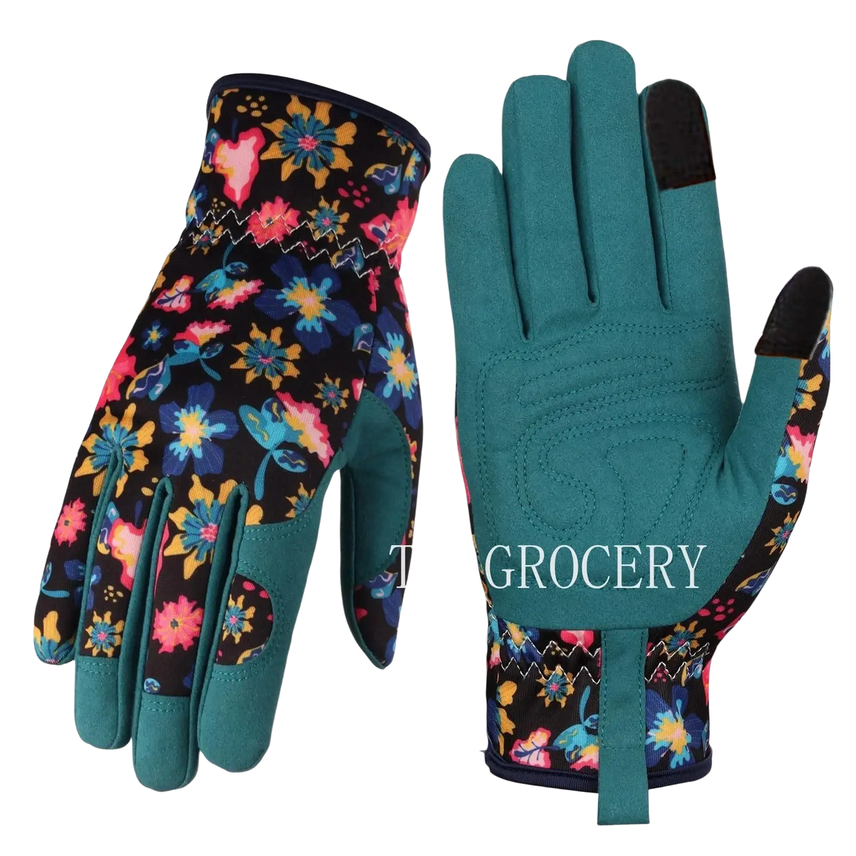 Women gardening gloves in teal and black floral pattern breathable thorn proof leather with touchscreen fingertips visible from back side