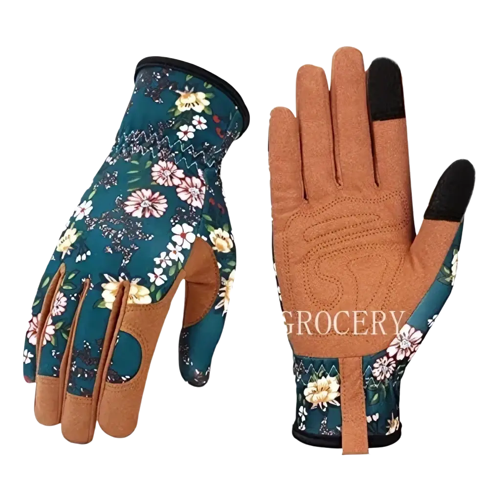 Teal floral-patterned women gardening gloves with breathable thorn proof leather and touchscreen-compatible tan palms