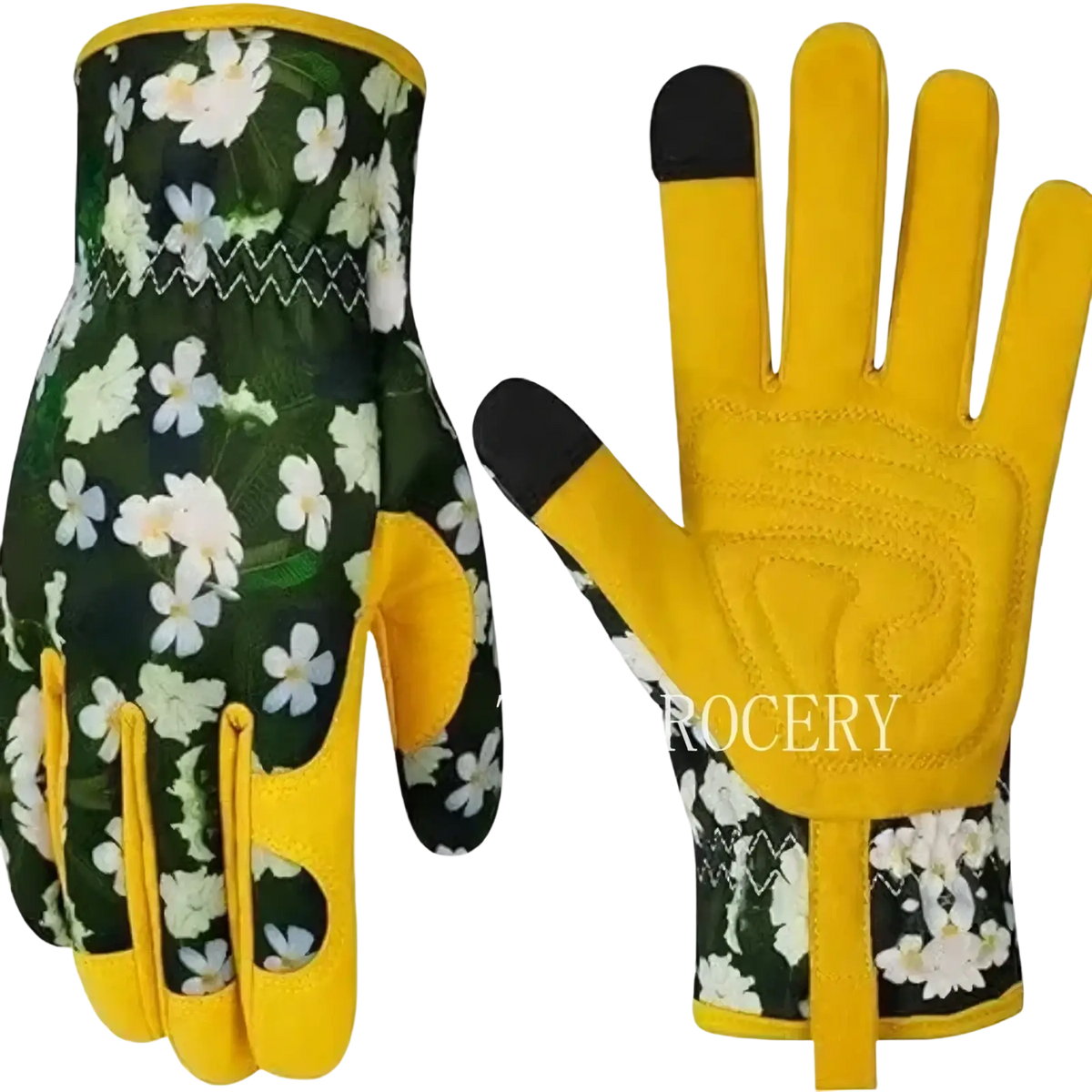 Yellow and green floral-patterned breathable thorn proof leather women gardening gloves with touchscreen-compatible fingertips