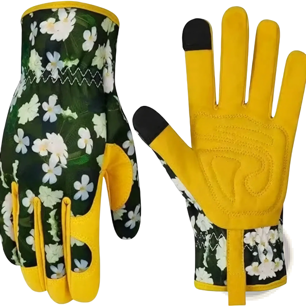 Women gardening gloves breathable leather with yellow green floral pattern and black fingertips for thorn protection