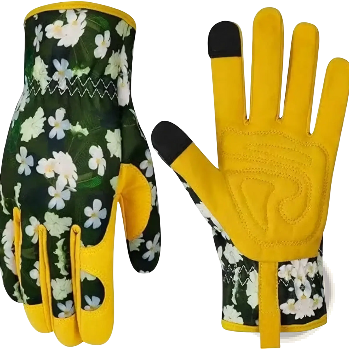 Women gardening gloves breathable leather with yellow green floral pattern and black fingertips for thorn protection