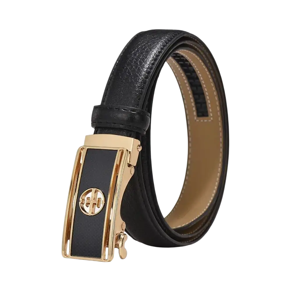 Black leather women’s belt with gold-toned automatic buckle and embossed logo made of genuine leather