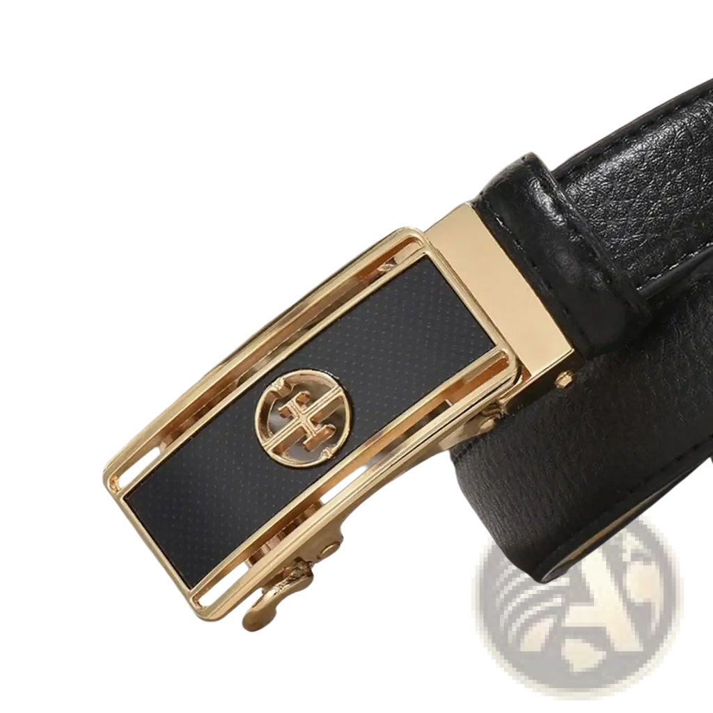 Black genuine leather women automatic buckle belt with gold-tone rectangular buckle featuring Tory Burch logo