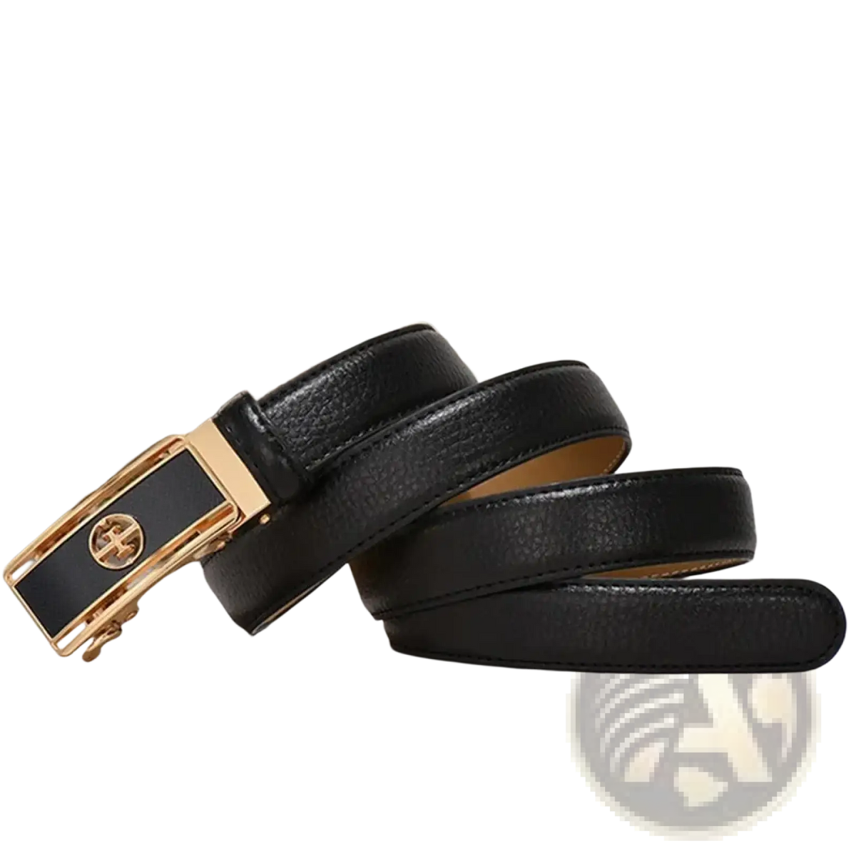 Black leather women genuine leather automatic buckle belt with gold-toned circular logo buckle front view