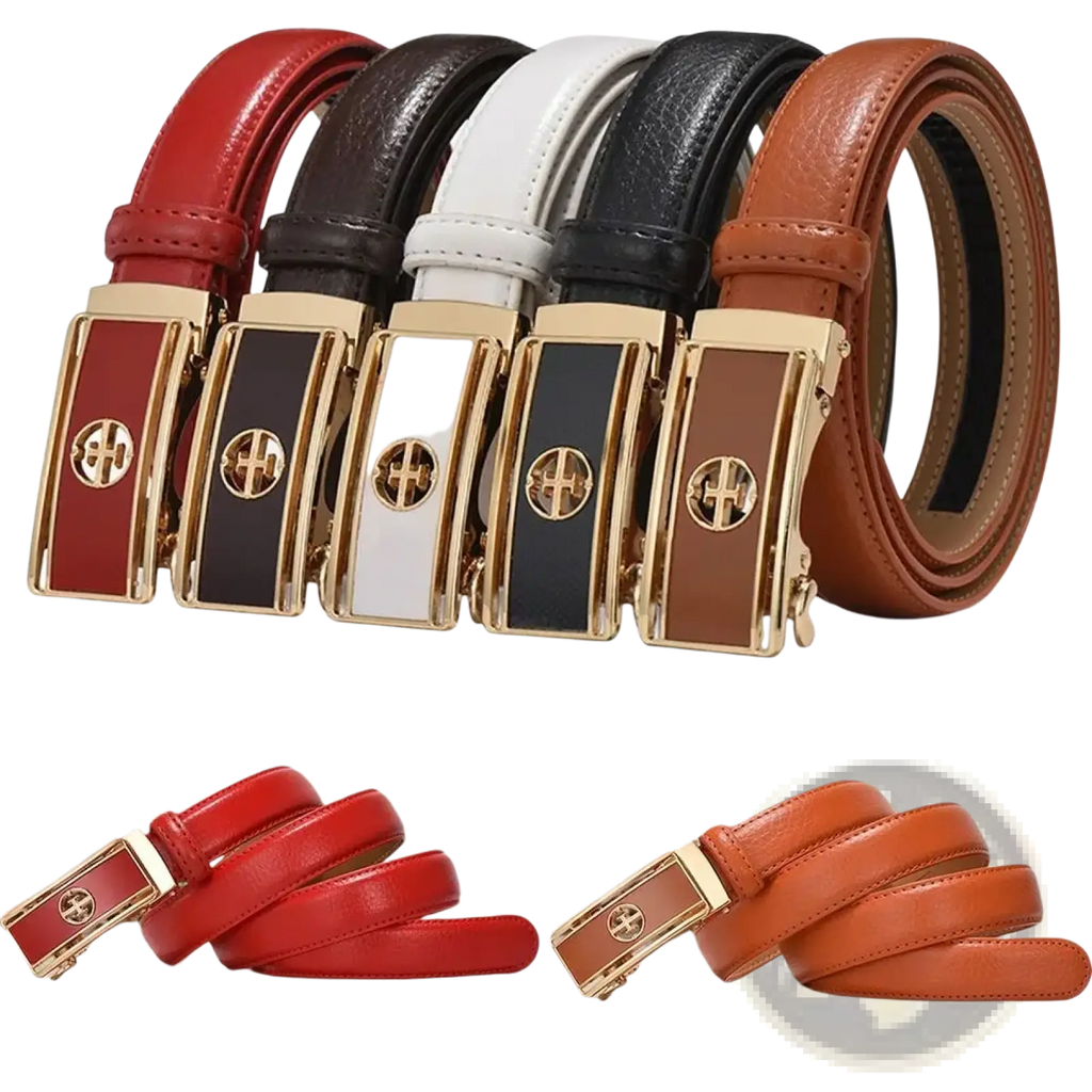 A collection of women genuine leather automatic buckle belts in red brown white black and tan with gold buckles