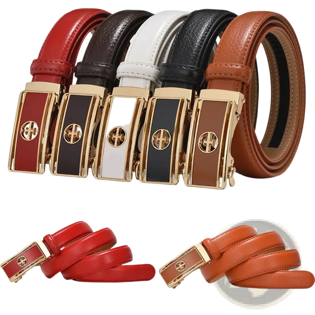 A collection of women genuine leather automatic buckle belts in red brown white black and tan with gold buckles